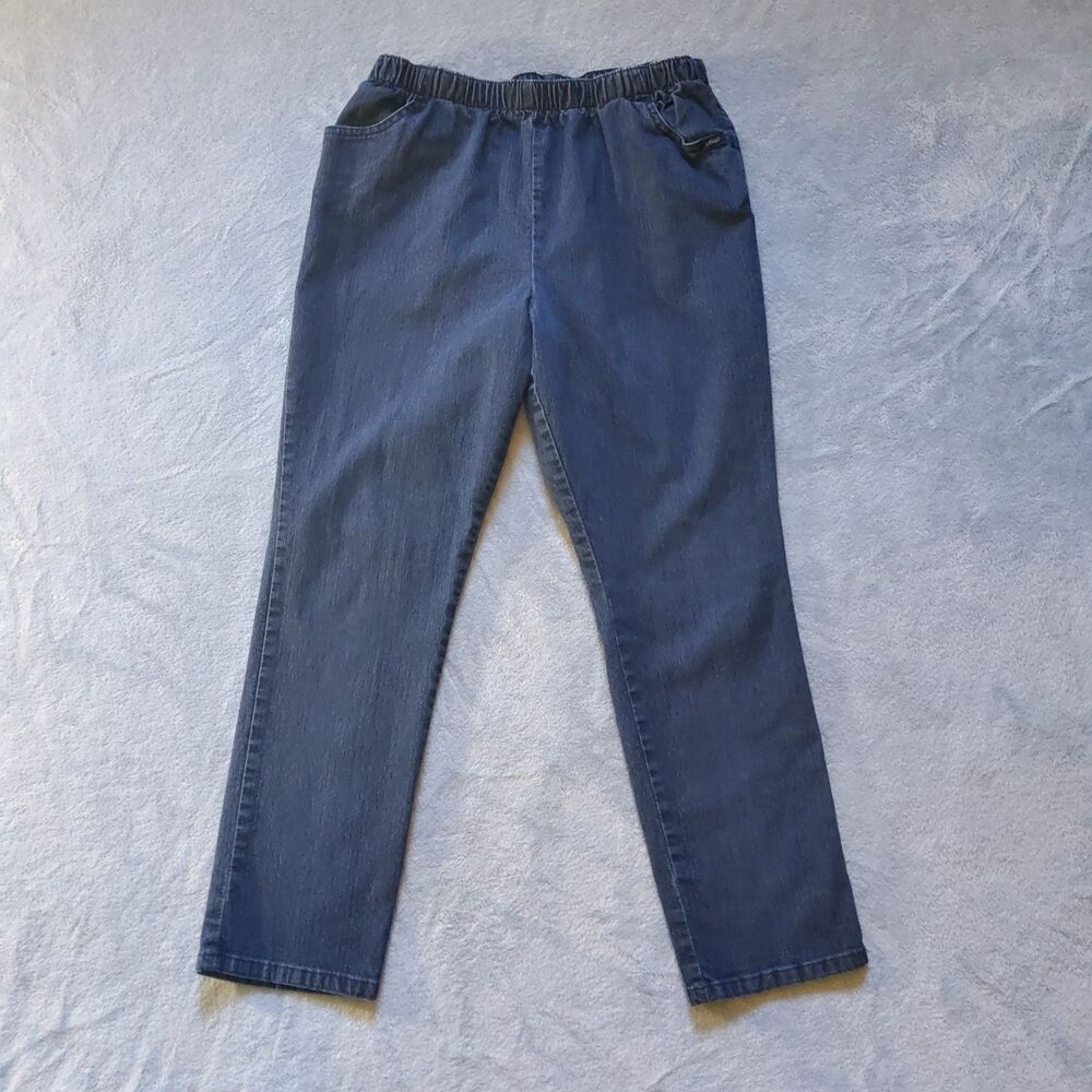 Chic Womens 14 Petite Pull On Elastic Waist Stretch Denim Jeans Tapered Leg Blue - Picture 1 of 7